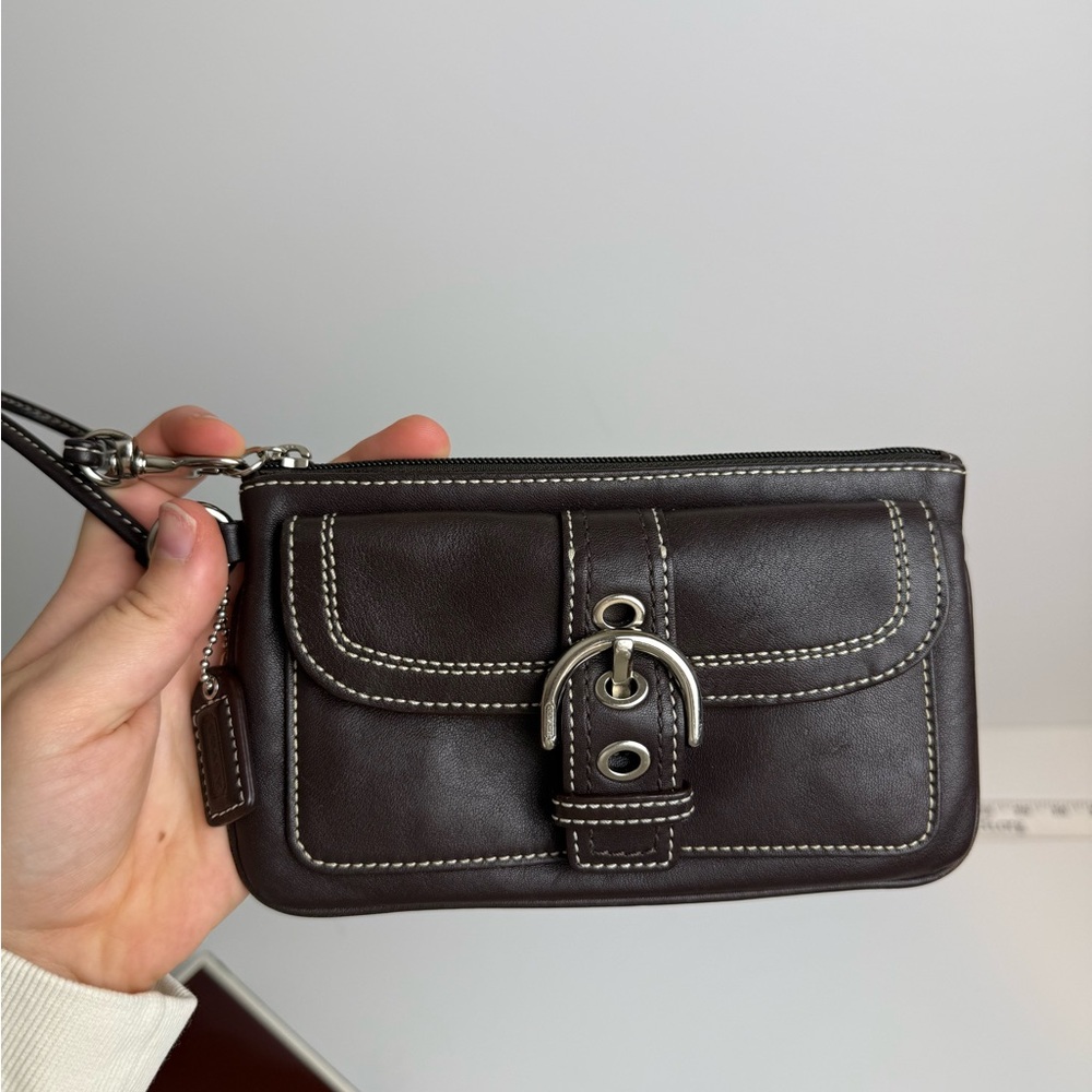 COACH Brown Leather Wristlet with Buckle Detail